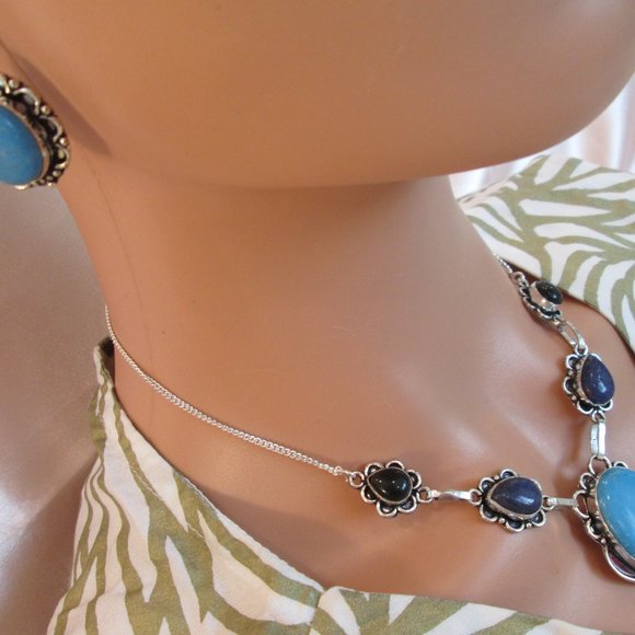 TURQUOISE NATURAL PERSIAN GEMSTONE LADIES  925 STERLING SILVER NECKLACE EARRING - Picture 4 of 9